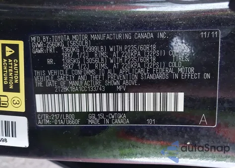 2012 Lexus Rx 350 from USA, damaged, VIN 2T2BK1BA1CC133743